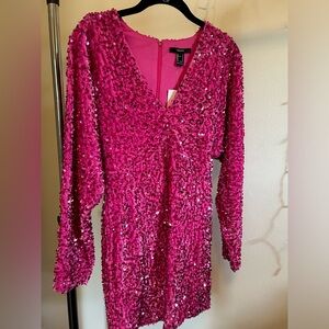 Forever 21 Mini Long Sleeve Sequin Sparkle Pink Girly Party Fun V Neck Dress